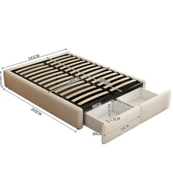 ProximaX Lit rembourré coffre 140x200 cm avec 2 tiroirs, lit adulte avec sommier à lattes, sans tête de lit, tissu en lin, beige