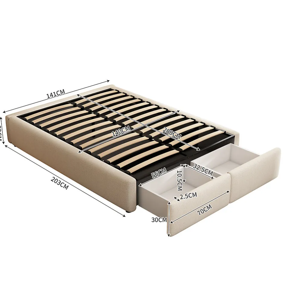 ProximaX Lit rembourré coffre 140x200 cm avec 2 tiroirs, lit adulte avec sommier à lattes, sans tête de lit, tissu en lin, beige