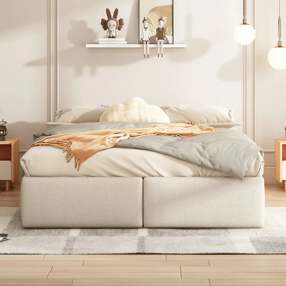 ProximaX Lit rembourré coffre 140x200 cm avec 2 tiroirs, lit adulte avec sommier à lattes, sans tête de lit, tissu en lin, beige