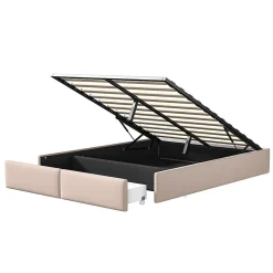 ProximaX Lit rembourré coffre 140x200 cm avec 2 tiroirs, lit adulte avec sommier à lattes, sans tête de lit, tissu en lin, beige