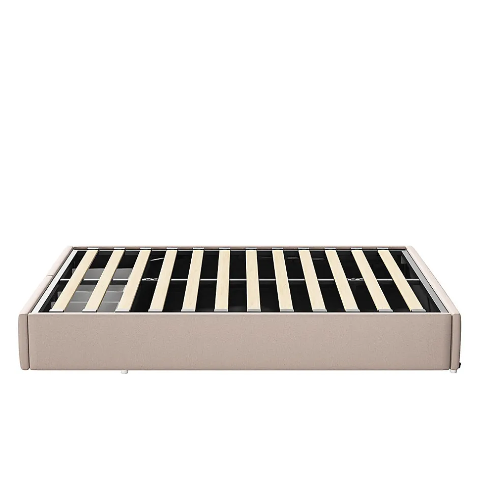 ProximaX Lit rembourré coffre 140x200 cm avec 2 tiroirs, lit adulte avec sommier à lattes, sans tête de lit, tissu en lin, beige
