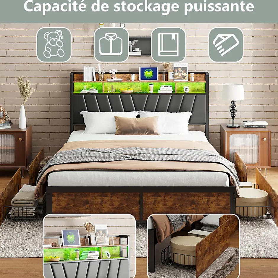 Simple Life Lit Rembourré En Métal 180 X 200 Cm Avec Tête De Lit, 4 Tiroirs, LED Et Station De Charge Best