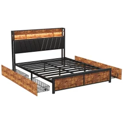 Simple Life Lit Rembourré En Métal 180 X 200 Cm Avec Tête De Lit, 4 Tiroirs, LED Et Station De Charge Best