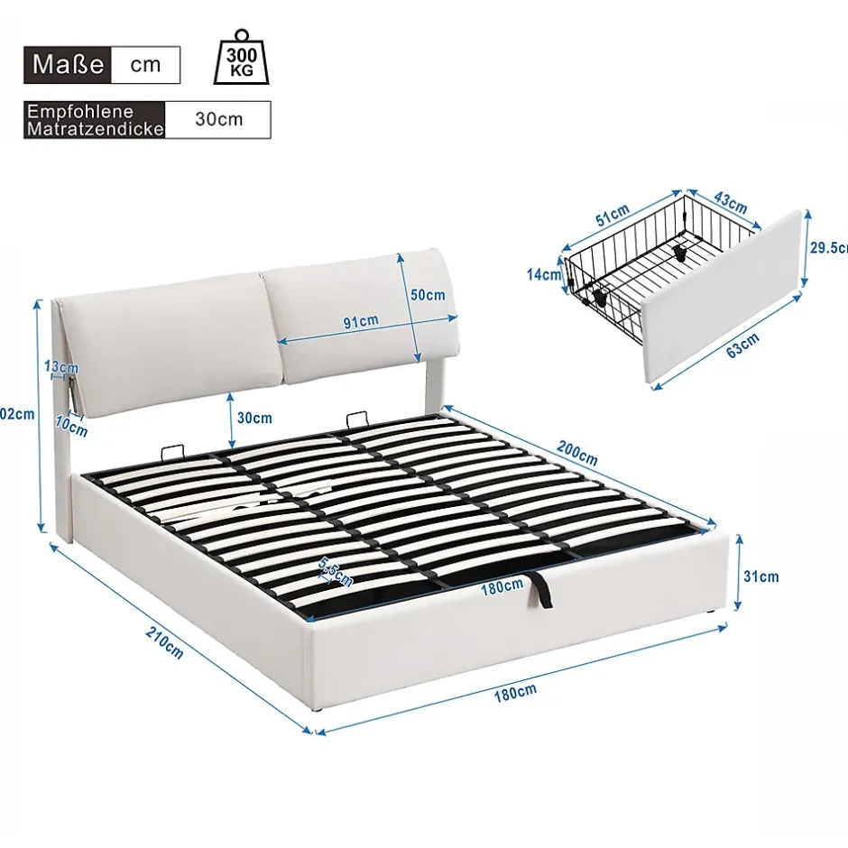 Gutent Lit rembourré hydraulique lit coffre 180x200 cm lit de rangement lit trois tiroirs lit cadre et tête de lit à lattes velours blanc Outlet