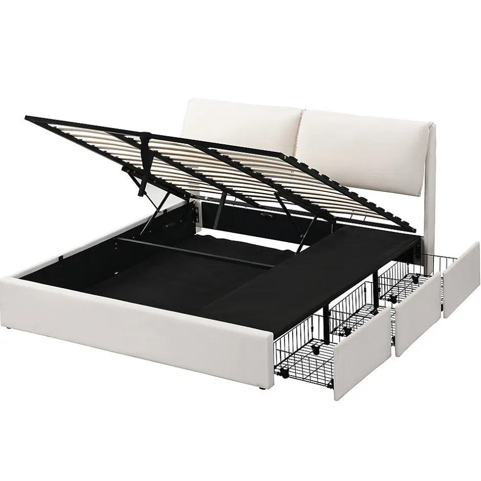 Gutent Lit rembourré hydraulique lit coffre 180x200 cm lit de rangement lit trois tiroirs lit cadre et tête de lit à lattes velours blanc Outlet