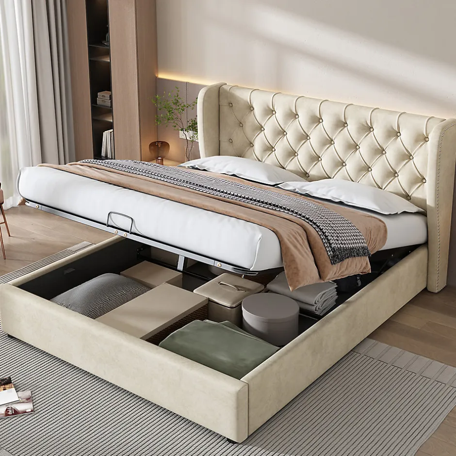 Gutent Lit rembourré hydraulique 180x200cm, lit double, lit fonctionnel avec sommier à lattes et espace de rangement,tissu velours,beige