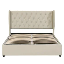 Gutent Lit rembourré hydraulique 180x200cm, lit double, lit fonctionnel avec sommier à lattes et espace de rangement,tissu velours,beige
