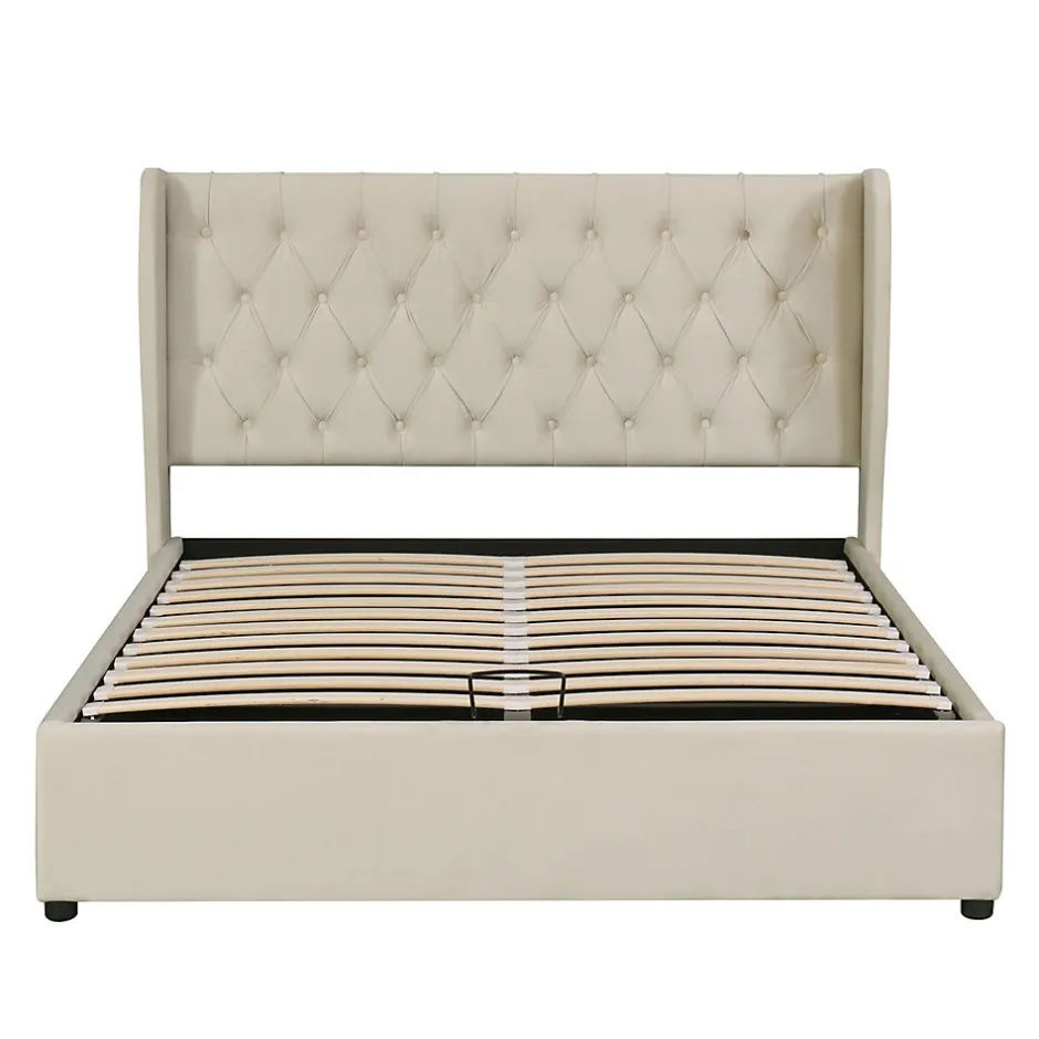 Gutent Lit rembourré hydraulique 180x200cm, lit double, lit fonctionnel avec sommier à lattes et espace de rangement,tissu velours,beige
