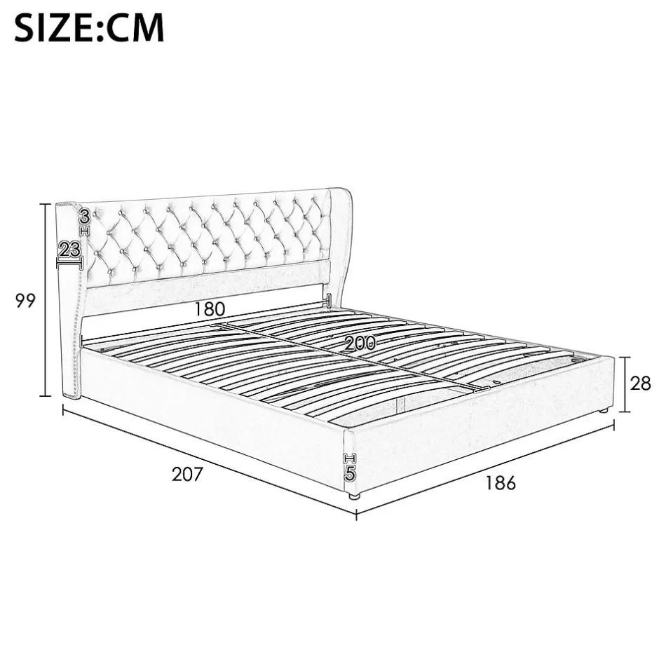 Gutent Lit rembourré hydraulique 180x200cm, lit double, lit fonctionnel avec sommier à lattes et espace de rangement,tissu velours,beige