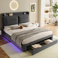 Gutent Lit rembourré hydraulique 140x190cm, tiroirs de rangement, avec sommier à lattes, sans matelas, velours, gris