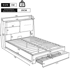 Gutent Lit rembourré hydraulique 140x190cm, tiroirs de rangement, avec sommier à lattes, sans matelas, velours, beige Hot
