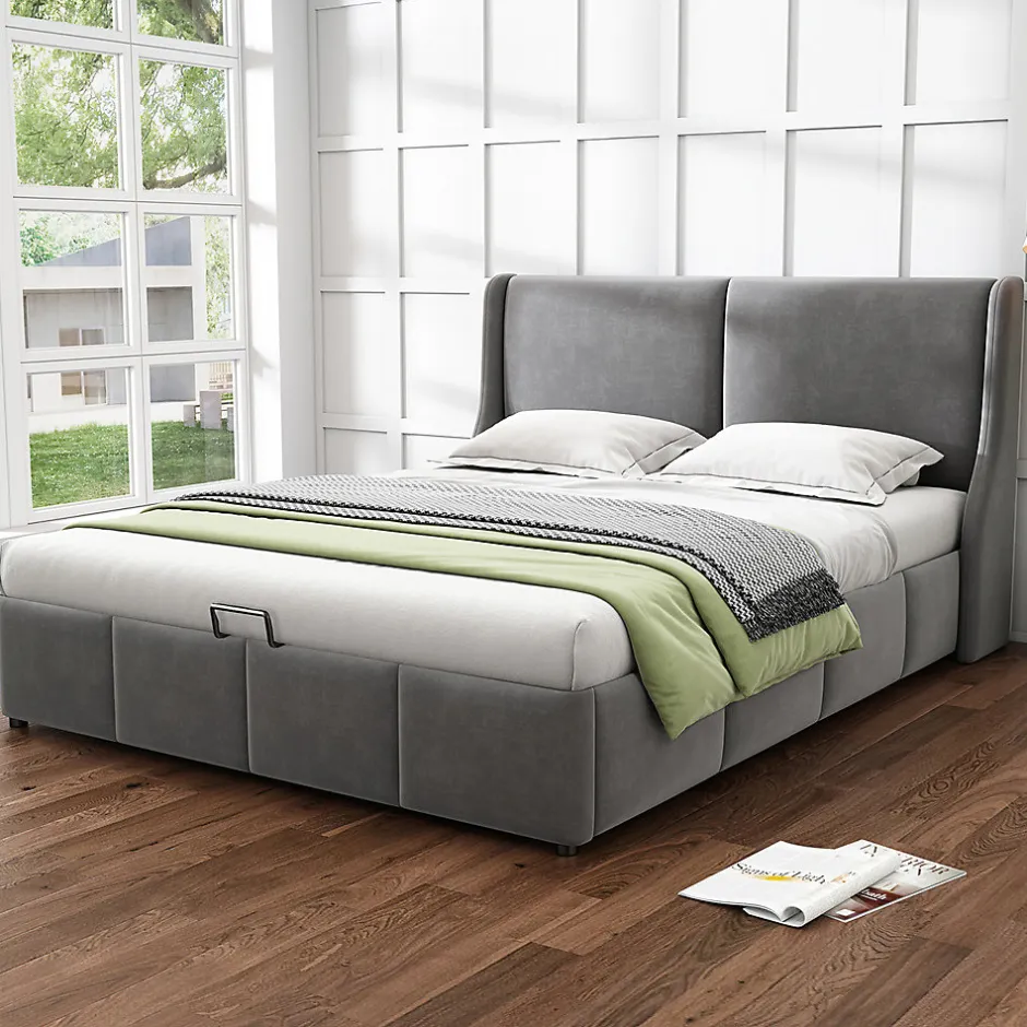 Gutent Lit rembourré hydraulique 140x200cm, forme oreille, tête de lit avec coussin, lit double, lit fonctionnel, velours, gris