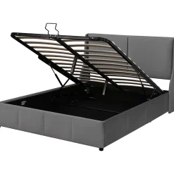 Gutent Lit rembourré hydraulique 140x200cm, forme oreille, tête de lit avec coussin, lit double, lit fonctionnel, velours, gris