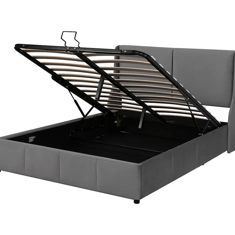 Gutent Lit rembourré hydraulique 140x200cm, forme oreille, tête de lit avec coussin, lit double, lit fonctionnel, velours, gris