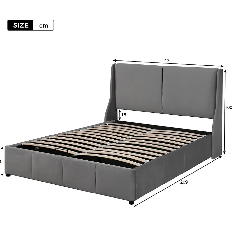 Gutent Lit rembourré hydraulique 140x200cm, forme oreille, tête de lit avec coussin, lit double, lit fonctionnel, velours, gris
