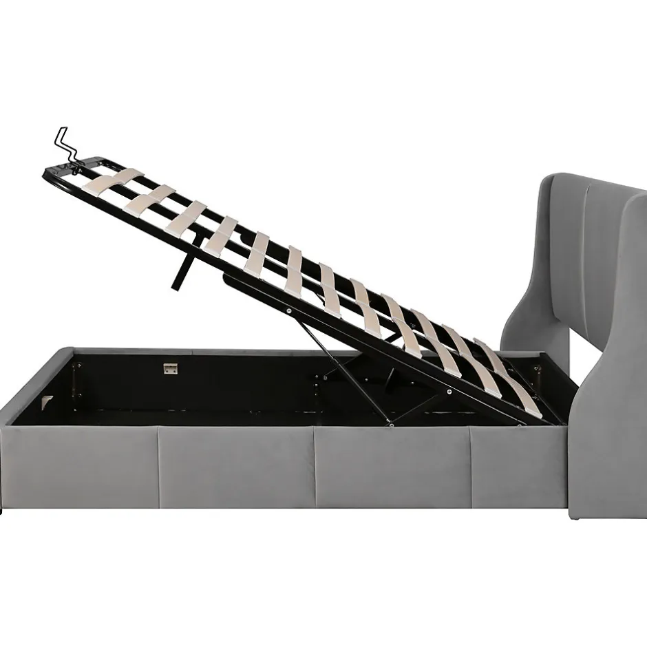 Gutent Lit rembourré hydraulique 140x200cm, forme oreille, tête de lit avec coussin, lit double, lit fonctionnel, velours, gris