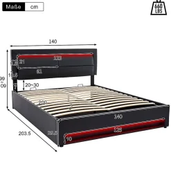 Gutent Lit rembourré hydraulique lit coffre lit 140x200 cm lit de rangement lit connexion usb lit eclairage led lit double pu noir Sale