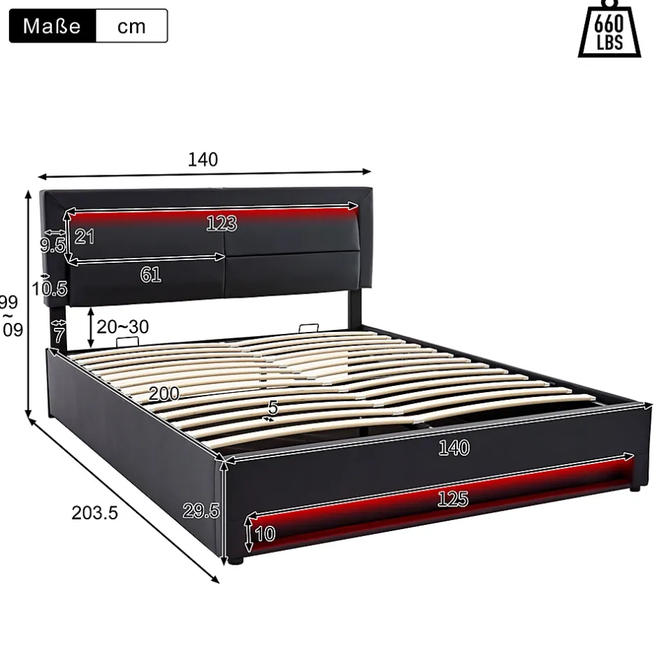 Gutent Lit rembourré hydraulique lit coffre lit 140x200 cm lit de rangement lit connexion usb lit eclairage led lit double pu noir Sale