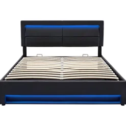 Gutent Lit rembourré hydraulique lit coffre lit 140x200 cm lit de rangement lit connexion usb lit eclairage led lit double pu noir Sale