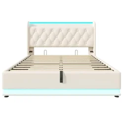Gutent Lit rembourré hydraulique 160x200 cm, lit LED double avec fonction de recharge USB Type-C , lit avec rangement, PU, blanc Discount