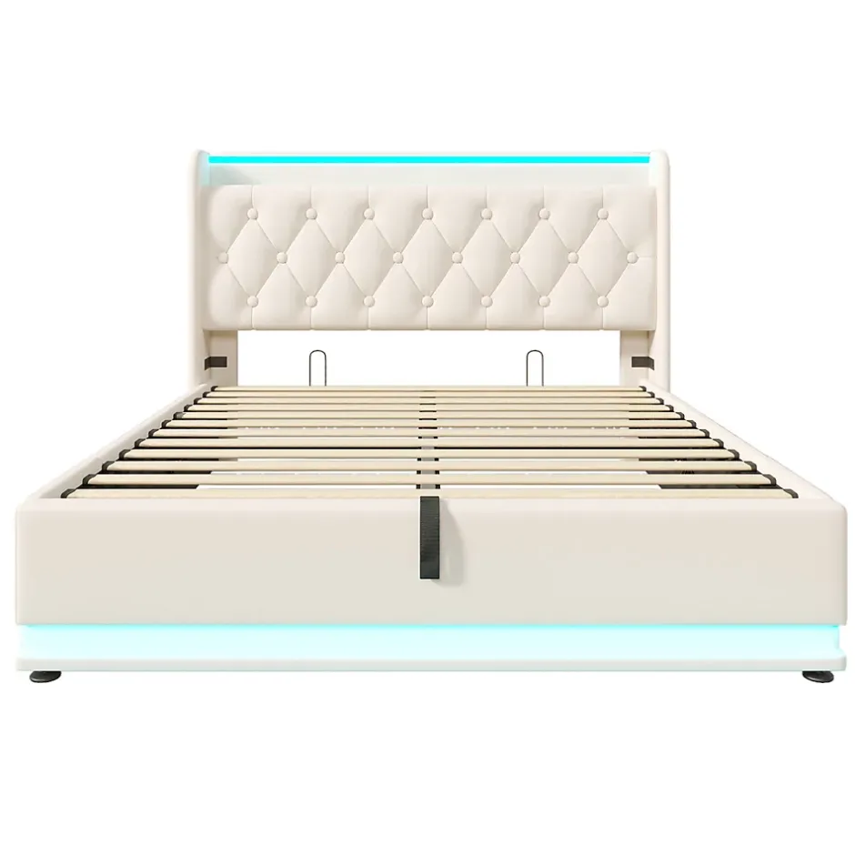 Gutent Lit rembourré hydraulique 160x200 cm, lit LED double avec fonction de recharge USB Type-C , lit avec rangement, PU, blanc Discount