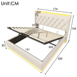 Gutent Lit rembourré hydraulique 160x200 cm, lit LED double avec fonction de recharge USB Type-C , lit avec rangement, PU, blanc Discount