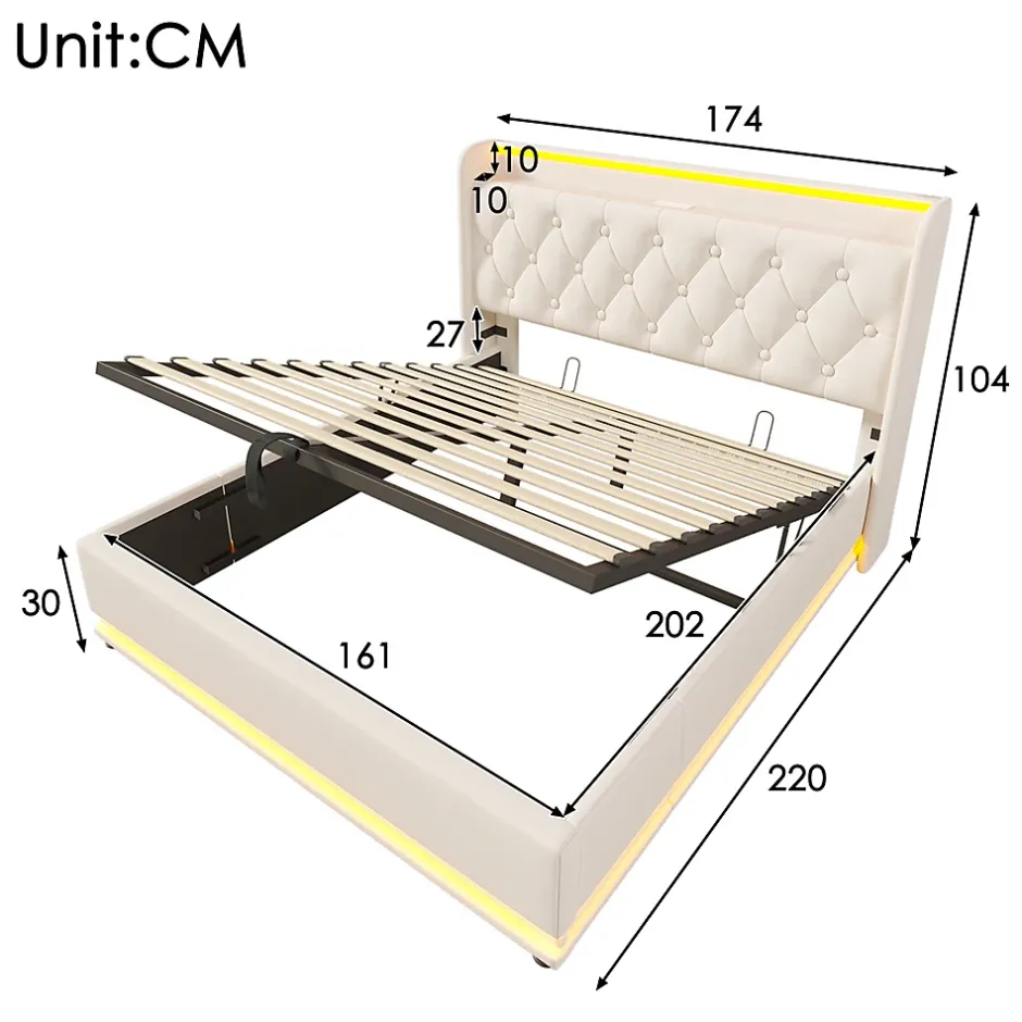Gutent Lit rembourré hydraulique 160x200 cm, lit LED double avec fonction de recharge USB Type-C , lit avec rangement, PU, blanc Discount