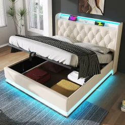 Gutent Lit rembourré hydraulique 160x200 cm, lit LED double avec fonction de recharge USB Type-C , lit avec rangement, PU, blanc Discount