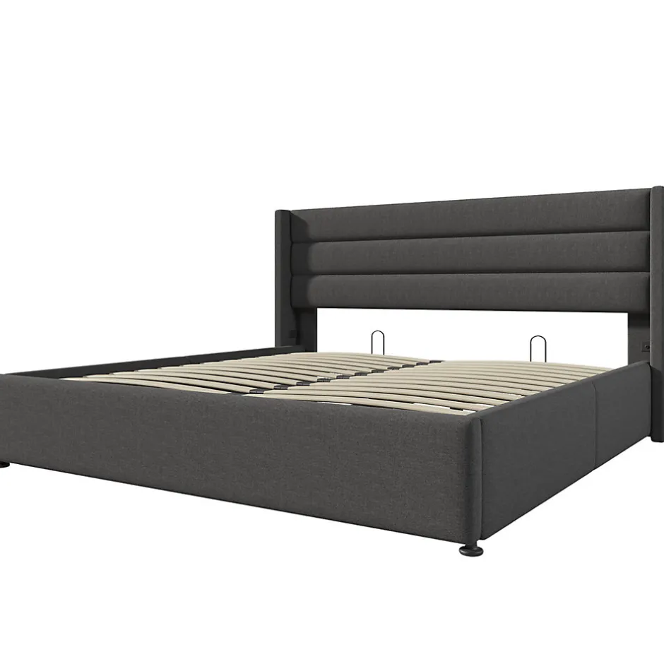 Gutent Lit rembourré hydraulique 160x200 cm lit de rangement lit sommier à lattes en bois lit en métal lit double lin gris