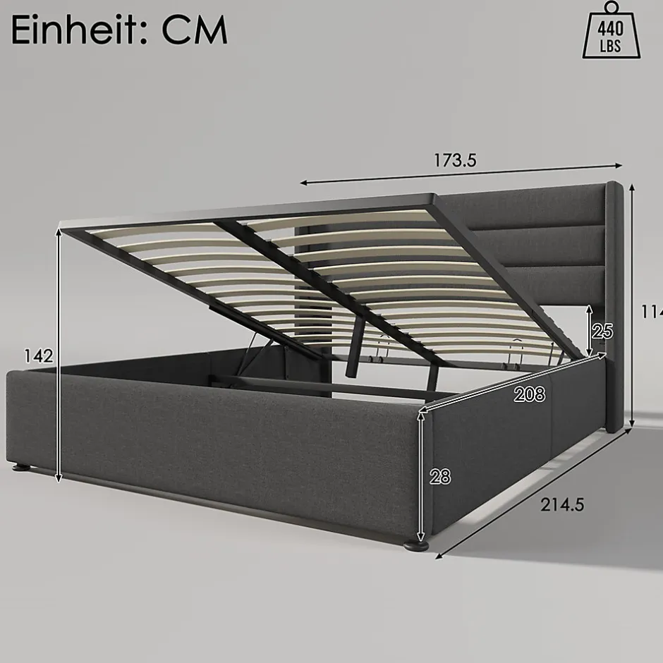 Gutent Lit rembourré hydraulique 160x200 cm lit de rangement lit sommier à lattes en bois lit en métal lit double lin gris
