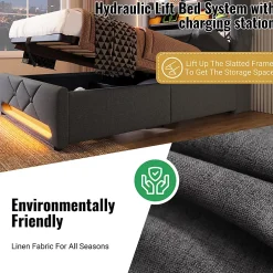 Gutent Lit rembourré hydraulique 180x200cm, lit double, espace de rangement tête de lit avec port usb et type c, lin, gris, sans matelas Best