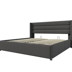 Gutent Lit rembourré hydraulique lit coffre lit 140x200 cm lit de rangement lit sommier à lattes en bois lit en métal lit double lin gris