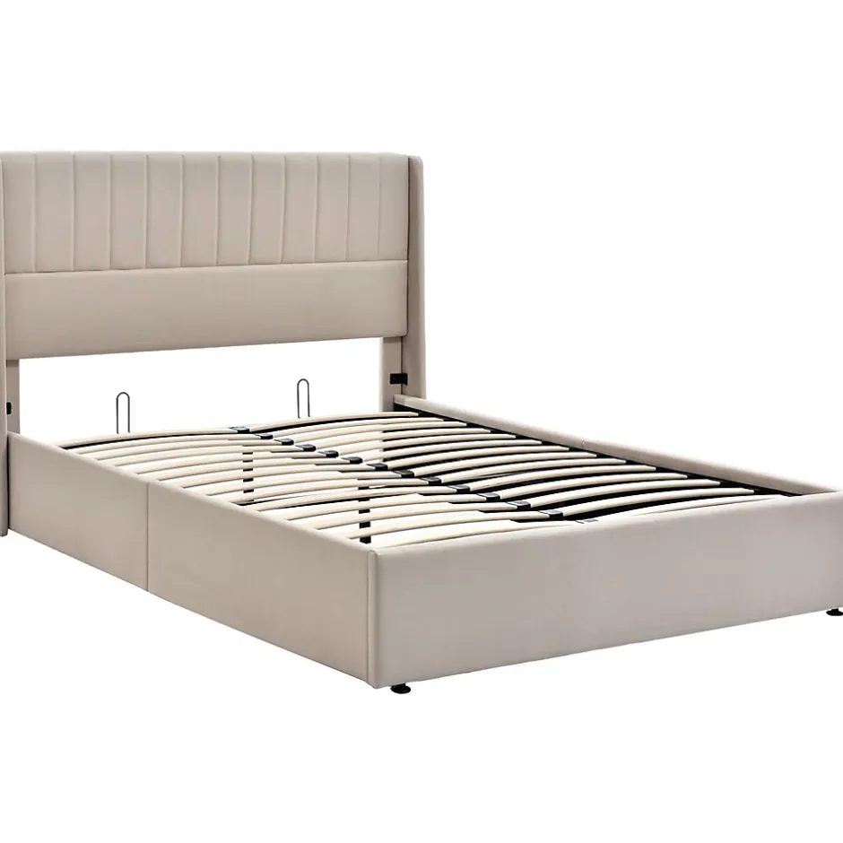 Gutent Lit rembourré hydraulique 140x200cm, lit avec rangement, lit double, avec sommier à lattes et structure métallique, lin, beige Hot