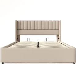 Gutent Lit rembourré hydraulique 140x200cm, lit avec rangement, lit double, avec sommier à lattes et structure métallique, lin, beige Hot
