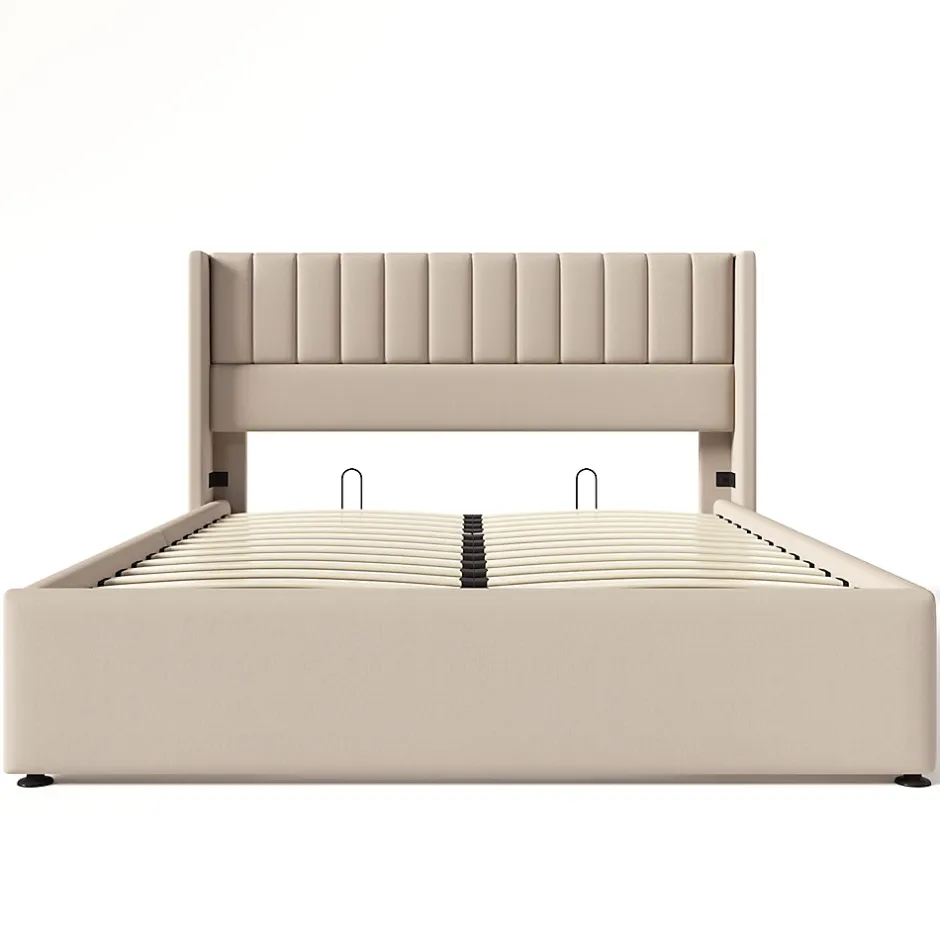 Gutent Lit rembourré hydraulique 140x200cm, lit avec rangement, lit double, avec sommier à lattes et structure métallique, lin, beige Hot