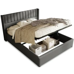 Gutent Lit rembourré hydraulique lit coffre 140x200 cm lit de rangement lit en métal lit cadre à lattes en bois lit double lin gris