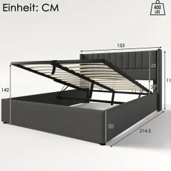 Gutent Lit rembourré hydraulique lit coffre 140x200 cm lit de rangement lit en métal lit cadre à lattes en bois lit double lin gris
