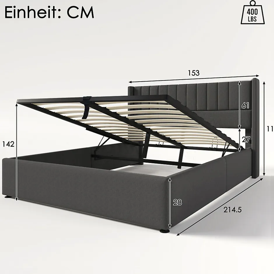 Gutent Lit rembourré hydraulique lit coffre 140x200 cm lit de rangement lit en métal lit cadre à lattes en bois lit double lin gris