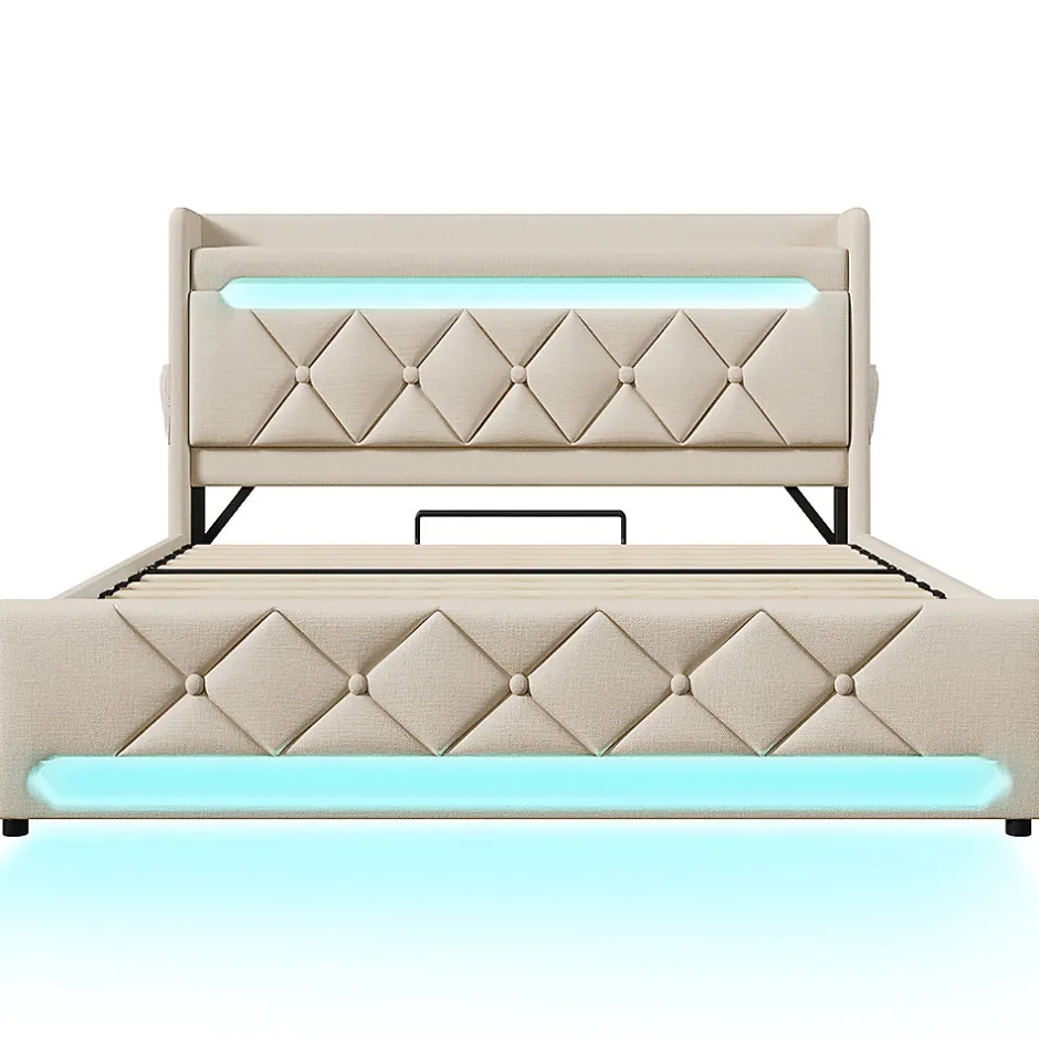 Gutent Lit rembourré hydraulique 180x200cm, lit double, espace de rangement en tête de lit avec port usb et type c,lin,beige,sans matelas