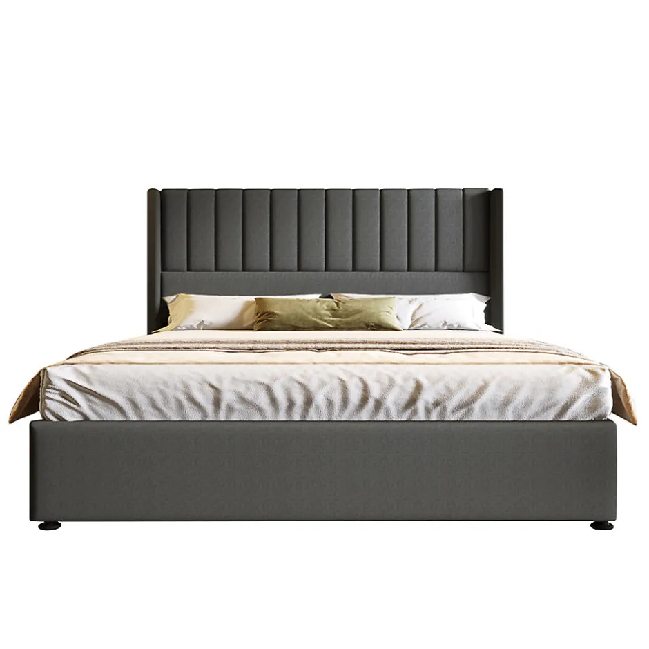 Gutent Lit rembourré hydraulique lit coffre lit 180x200 cm lit de rangement lit en métal lit cadre à lattes en bois lit double lin gris
