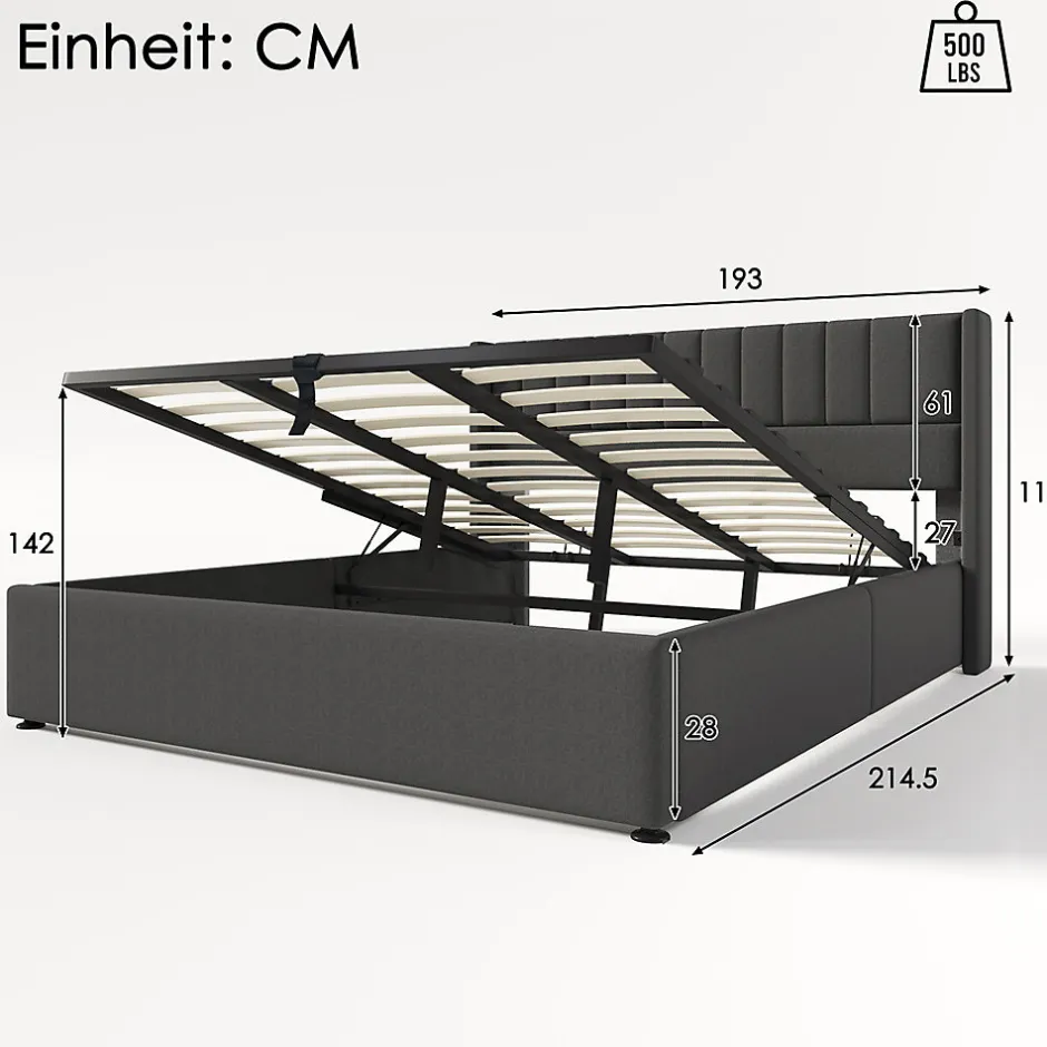 Gutent Lit rembourré hydraulique lit coffre lit 180x200 cm lit de rangement lit en métal lit cadre à lattes en bois lit double lin gris