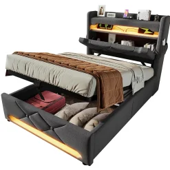 Gutent Lit rembourré hydraulique 90x200cm, Single, tête de lit de rangement avec port usb et type c, lin, gris, sans matelas Sale
