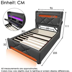 Gutent Lit rembourré hydraulique 90x200cm, Single, tête de lit de rangement avec port usb et type c, lin, gris, sans matelas Sale