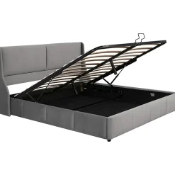 Gutent Lit rembourré hydraulique 160x200cm, lit double avec tête de coussin, forme d'oreille, lit fonctionnel, velours, gris Online