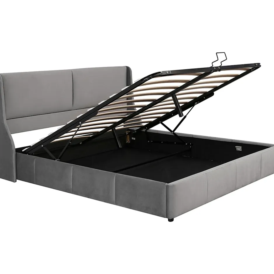 Gutent Lit rembourré hydraulique 160x200cm, lit double avec tête de coussin, forme d'oreille, lit fonctionnel, velours, gris Online