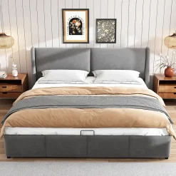 Gutent Lit rembourré hydraulique 160x200cm, lit double avec tête de coussin, forme d'oreille, lit fonctionnel, velours, gris Online