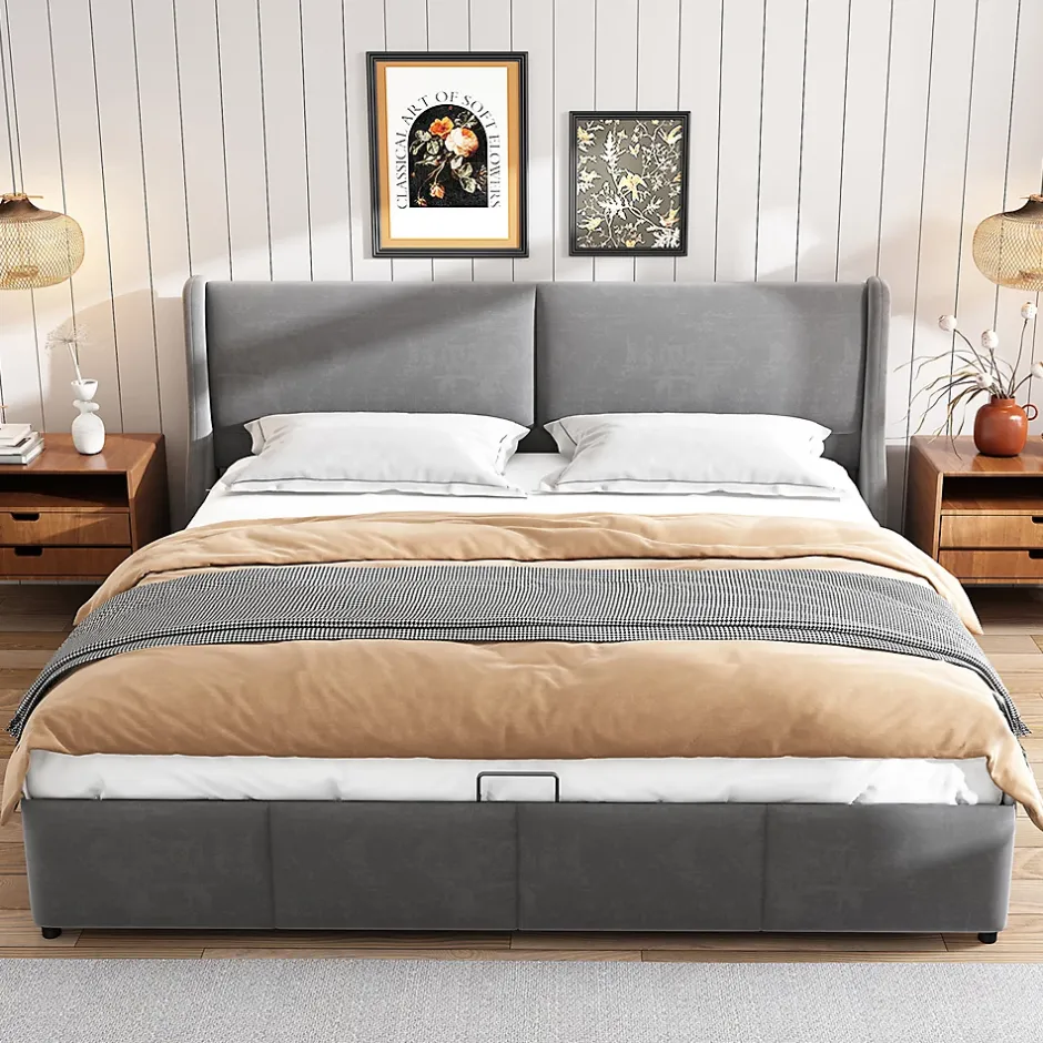 Gutent Lit rembourré hydraulique 160x200cm, lit double avec tête de coussin, forme d'oreille, lit fonctionnel, velours, gris Online