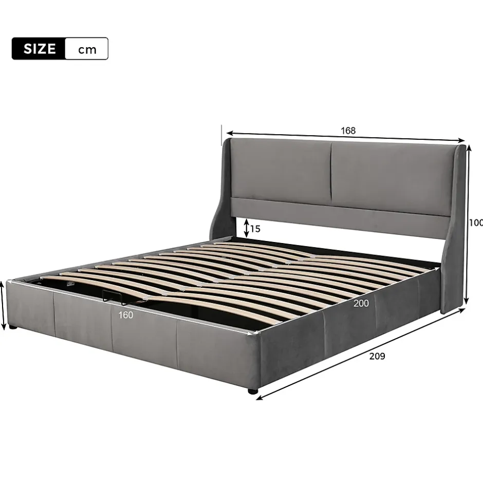 Gutent Lit rembourré hydraulique 160x200cm, lit double avec tête de coussin, forme d'oreille, lit fonctionnel, velours, gris Online