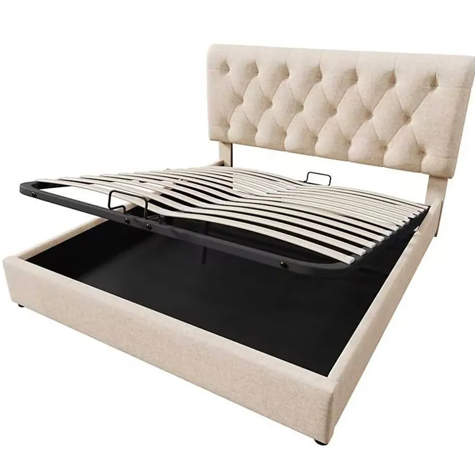 Gutent Lit rembourré hydraulique lit coffre 160x200 cm lit de rangement lit en métal lit double lin gris clair