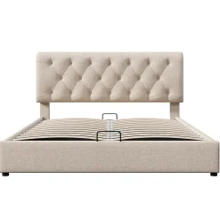 Gutent Lit rembourré hydraulique lit coffre 160x200 cm lit de rangement lit en métal lit double lin gris clair